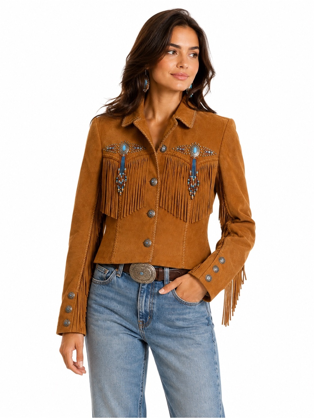 Cripple Creek Suede Leather Fringe Western Concho Beaded Jacket M (CNF003)